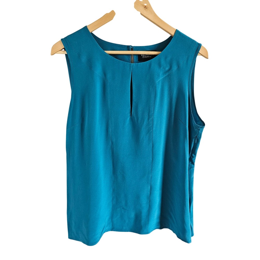 St John Couture Teal Blue 100% Silk Sleeveless Keyhole Blouse Top Size 12